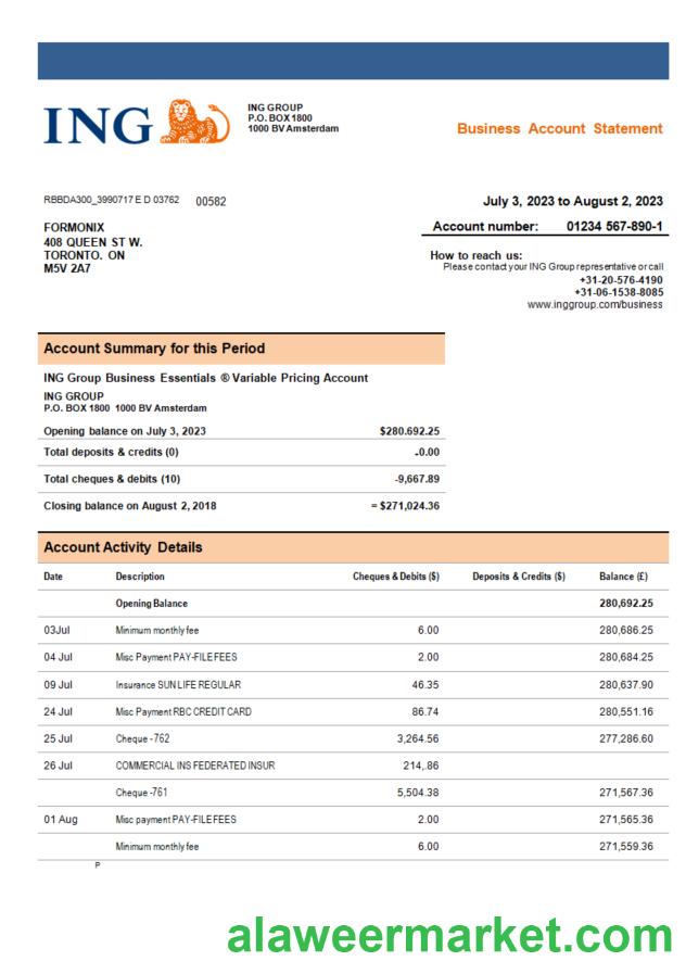 ING Groep bank company account statement Word and PDF template